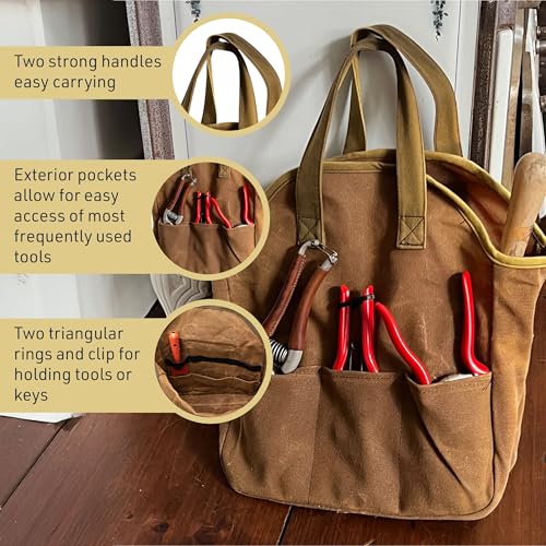 Garden Tool Bag - 12x14¡± Heavy Duty Waxed Canvas Tote Bag Caddy with 6 Interior and 3 Exterior Pockets for Organizing Gardening Tools - Gardening Gifts for Women and Men by Kings County Tools