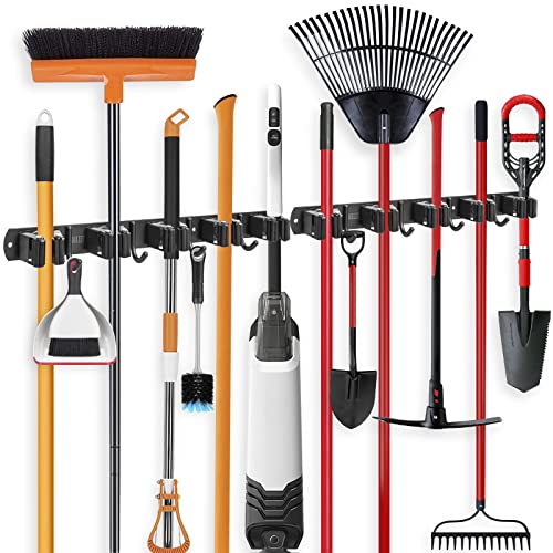 IMILLET 2 Pack Broom and Mop Holder Wall Mounted, Broom Holder Stainless Steel Broom Organizer Heavy Duty Tools Organizer Self Adhesive for Laundry Room Garage Garden£¨5 Racks and 4 Hooks£©