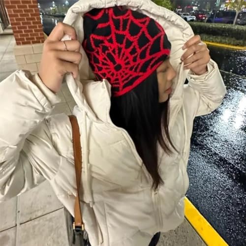 Y2K Spider Beanie Hat - Warm Acrylic Knit Skull Cap - Black Red