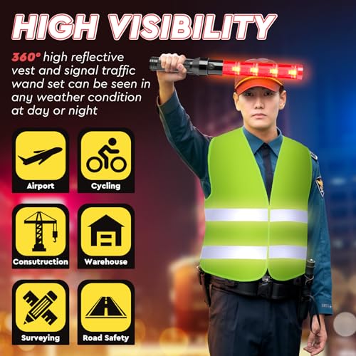 Kanayu 8 Pcs 16 Inch Signal Traffic Wand High Visibility Safety Vest Set Include 4 Reflective Safety Vest 4 Traffic Control Light Security Wands for Airport Parking(Neon Green)