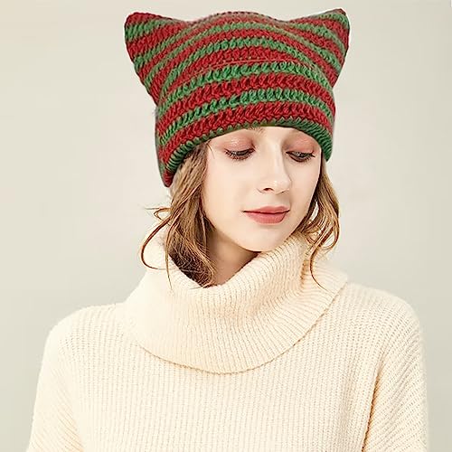 Crochet Cat Ear Beanie - Red & Green Striped Knit Grunge Hat