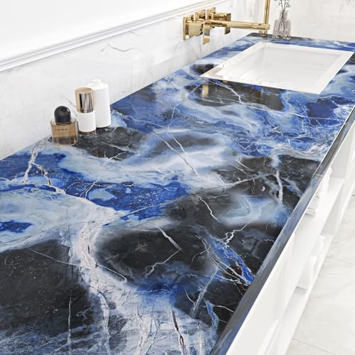 WESTICK Blue Glossy Marble Contact Paper for Countertops Self Adhesive Marble Counter Top Peel and Stick Waterproof Blue Granite Contact Paper for Kitchen Backsplash Table Desk Vinyl 15.8"x80"