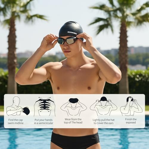 Glossy Silicone Swim Cap - Non-Slip for Men and Women - Black