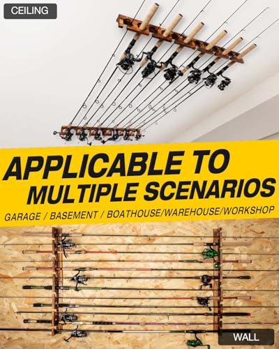 Fishing Rod Holder for Wall or Ceiling - Holds 6 Rods, Durable Wood