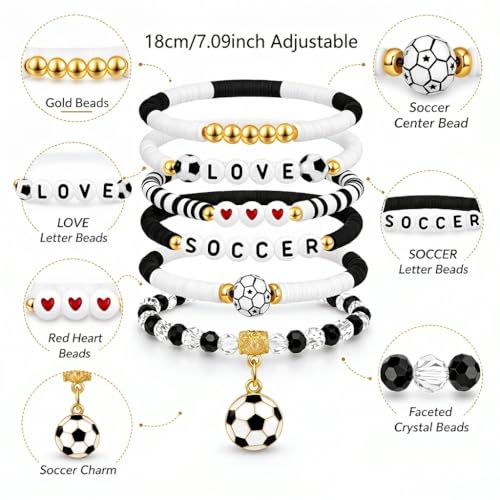 Soccer Beaded Bracelets Set for Girls - 6PCS Stackable Jewelry