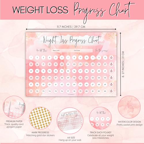 Weight Loss Progress Chart Poster with 88 Gold Star Stickers - A4 Pink