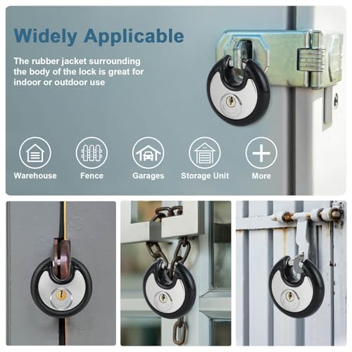 DAYGOS Heavy Duty Padlock with 8 Keys, 70mm Discus Keyed Lock for Storage Shed, Garage, Storage Lockers, Sliding Doors, Tool Box, and Cabinets (4 Pack Keyed-Alike, 3/8-Inch Shackle, Rubber Bumper)