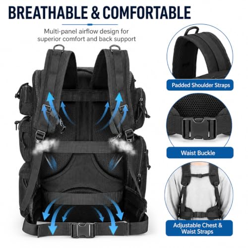 Black 50L Waterproof Tactical Military Backpack with MOLLE System