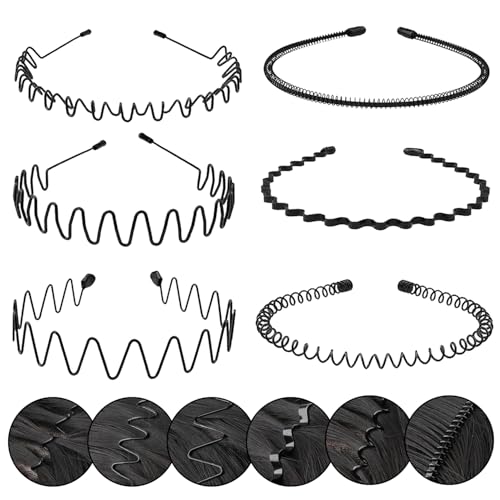 Kelubatu Metal Headband for Men, Non-Slip Adjustable 6 Pcs (Black-F)