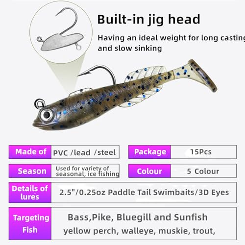 15Pcs Pre-Rigged Soft Mini Fishing Lures - 2.5" Paddle Tail Jigs