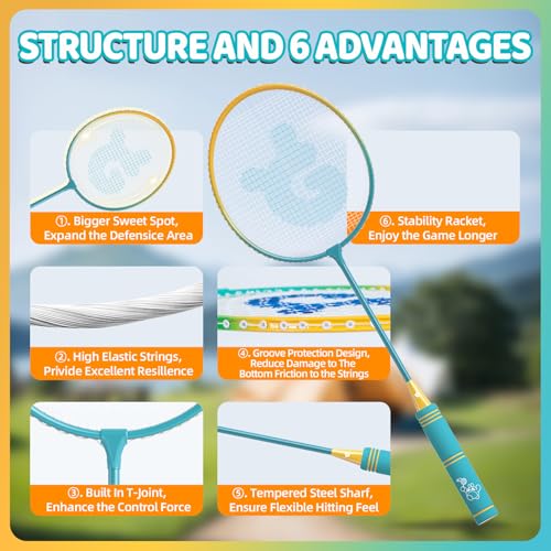 Badminton Racket Set - 4 Lightweight Rackets, 6 Shuttlecocks, Carrying Bag - Cyan