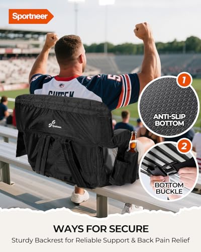 Stadium Seat with Back Support - 2.5" Thick Cushion, 6 Recline Positions, 2 Cup Holders - Black, 2 Pack, Extra Wide 24"