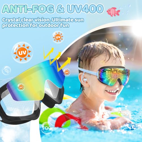 Vvinca Kids Swim Goggles 2 Pack Black & Blue + Black & Cyan with Earplugs, Wide View, Anti-Fog UV Protection, Adjustable Fit for Ages 3-14