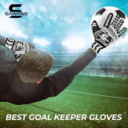 SAWANS Black Goalkeeper Gloves for Soccer - Youth & Adult, Double Layer Grip & Breathable Palm, Size 10