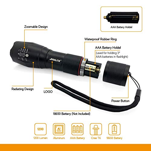 High-Powered LED Flashlight - 1200 Lumens, Zoomable, Waterproof, 5 Modes