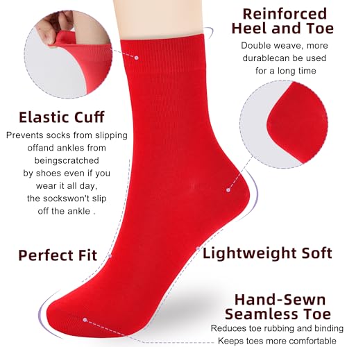 Women Thin Cotton Crew Socks 6 Pairs, Ankle Bootie Casual Dress, Red, Size 9-11