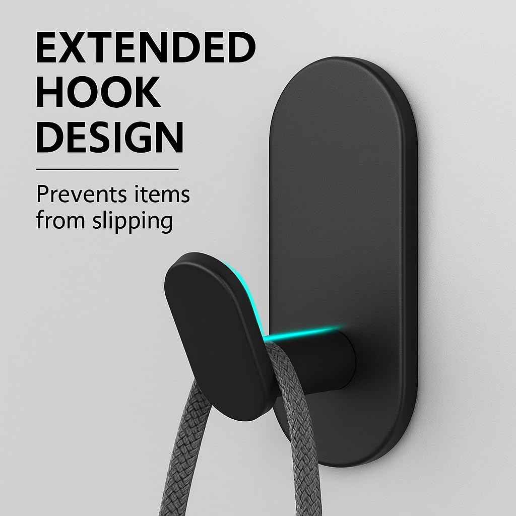 WZRUA Adhesive Towel Hooks for Bathrooms 4 Pack Matte Black Stainless Steel and Zinc Alloy Sticky Wall Hooks for Hanging Heavy Duty Self Adhesive Robe Shower Hanger for Kitchen, Closet, Cabinet, Door