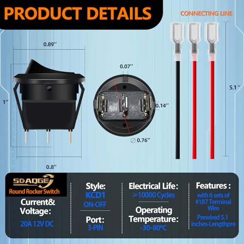 12V Round Rocker Switch with Blue LED - 6 Pack DC 20A