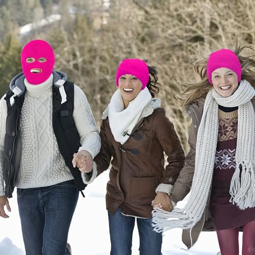 3 Hole Knitted Balaclava Ski Mask - Dark Pink Winter Face Cover