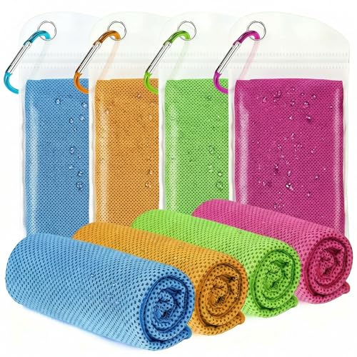 Cooling Towels - 4 Packs Lightweight Soft Breathable Towels for Neck & Face - Light Blue, Red, Orange & Green