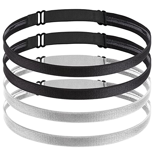 4-Pack Elastic Sport Headbands - Non-Slip Gray & Black