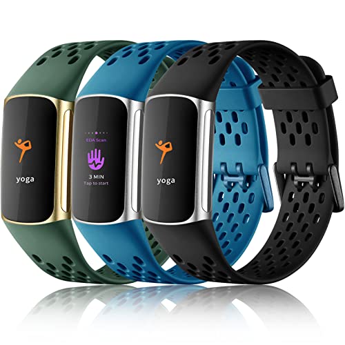 Breathable Waterproof Sport Band for Fitbit Charge 5/6 - Black & Slate Blue & Dark Green