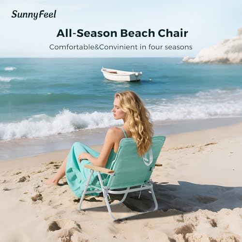 SunnyFeel Green Foldable Beach Chair with Wood Armrest & Cushion - Lightweight Camping & Outdoor Seat