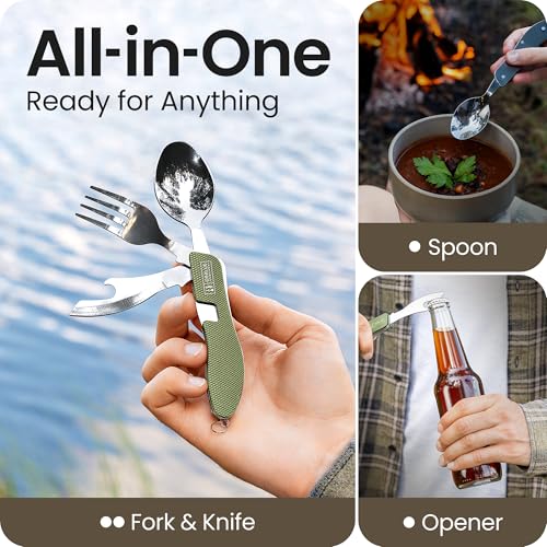 4-in-1 Camping Utensils Set - Portable Stainless Steel Cutlery, Olive Green