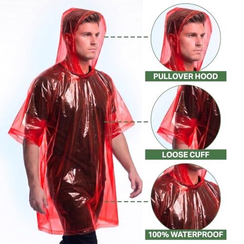 Disposable Rain Poncho for Adults with Hood - Red