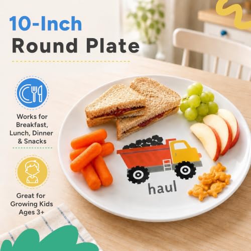 Multicolor Construction Toddler Plates Set of 4 - 10-inch Kids Dinnerware with Mixer Excavator Bulldozer Dump Truck