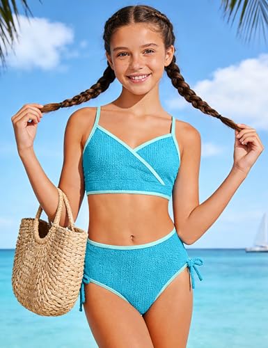 Girls' Color Block V Neck Two Piece Swimsuit with Bow Tie