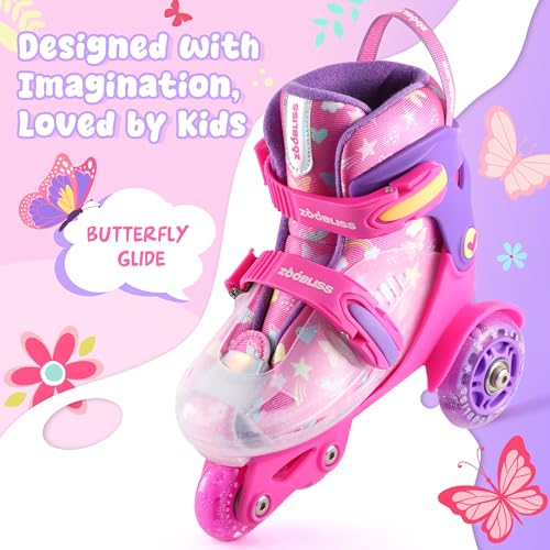 ZOOBLISS Butterfly Pink Kids Adjustable Light-Up Roller Skates (S-small, 11c-1y US) 4 Sizes