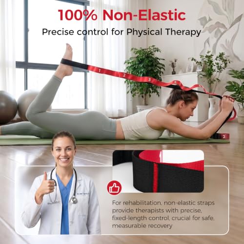 Red Slim Panda Stretching Strap with Oversized Loops for Yoga & Rehab - Non-Elastic Heavy Duty Nylon