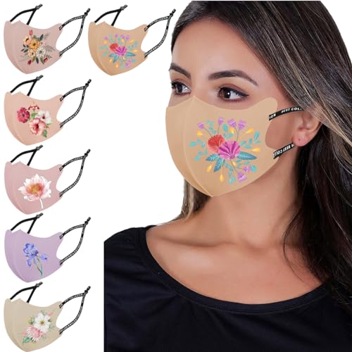 Reusable and Washable Face Masks,Adjustable Ice Silk Cloth Mask,Beautiful Flower Pattern Cloth Face Mask,Pack of 6