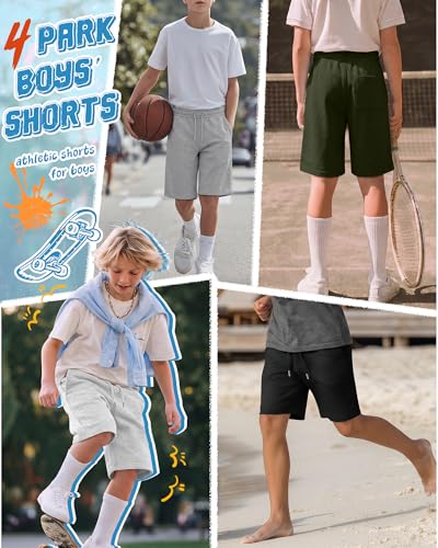LessonZoo 4 Pack Boys Athletic Shorts 11-12 Years - Black, Gray, Light Gray, Army Green