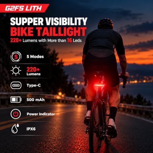 Bright and Powerful Rechargeable Bike Tail Light 220LM, 5 Modes, Waterproof, 260° Visibility