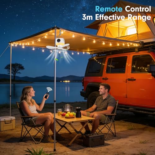 FIALAME White Portable Ceiling Fan with Lights & Remote - Camping & RV Fan