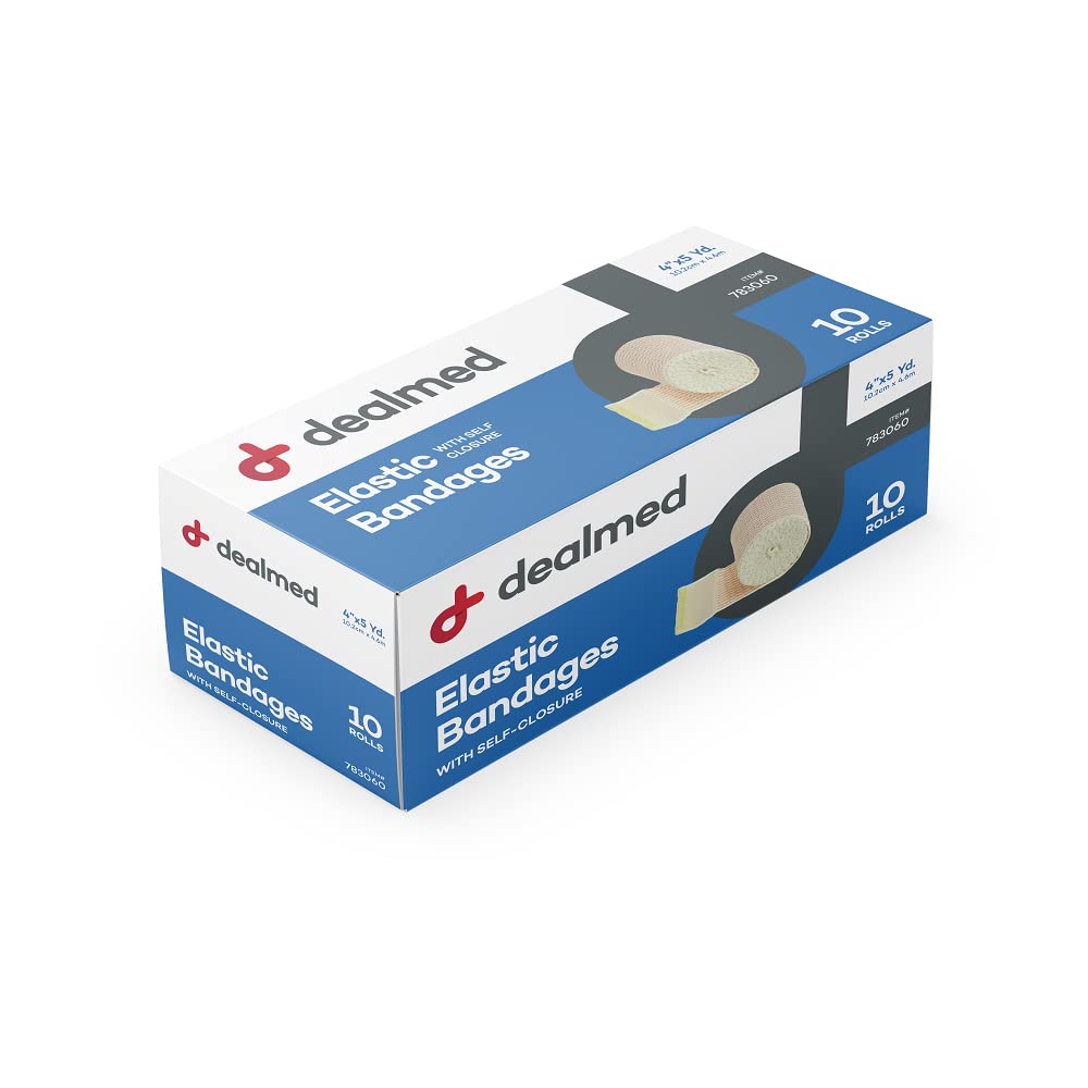 Dealmed 4" Elastic Bandage Wrap with Self-Closure – 10 Elastic Bandages, 5 Yards Stretched Compression Bandage Wrap, Wound Care Product for First Aid Kit and Medical Facilities