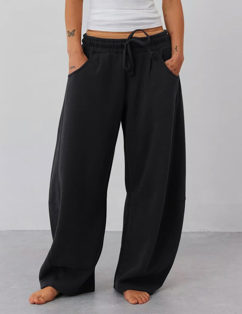 HeSaYep Women's Wide Leg Barrel Sweatpants Fleece Lined Baggy Sweat Pants Drawstring High Waisted Casual Pants Cotton Palazzo Trousers with Pockets Black M