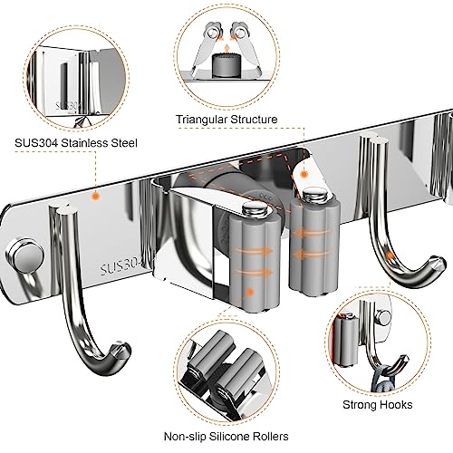 2 Pack Mop and Broom Holder Wall Mount, Non-slip Broom Hanger, Heavy Duty Mop Broom Organizer for Kitchen Garden Garage Laundry Room Wall Decor Organization and Storage Silver 3R4H