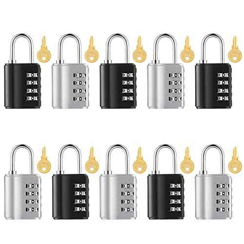 Kenning 10 Pcs Combination Padlock 4 Digit Combination Lock with Keys Locker Resetable Security Outdoor Waterproof Gate Lock for School Sports Gym Locker Employee Fence Case (Silver and Black)