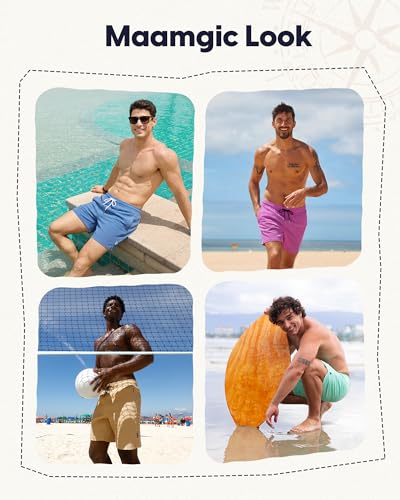 Maamgic Wavy Texture Men's Swim Trunks 7" Quick Dry Compression Liner Large-Light Khaki-White