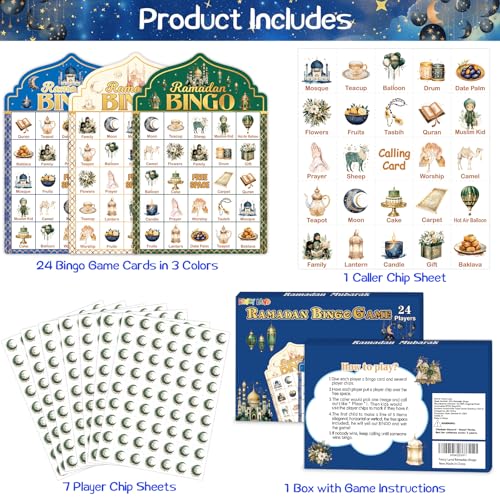 Ramadan Bingo Game for Kids - 24 Cards with Calling Cards