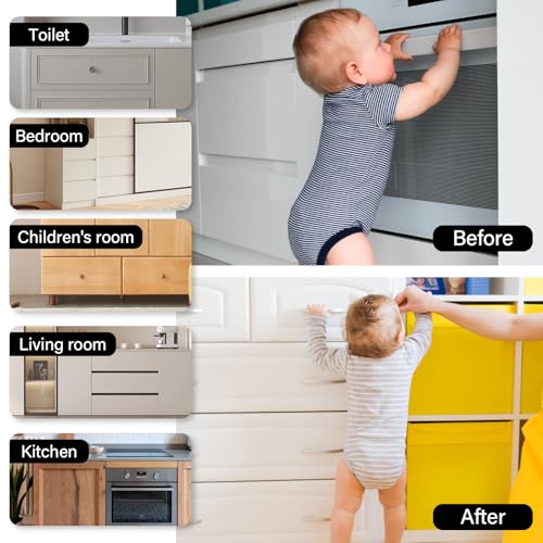 24 Pack Magnetic Cabinet Locks Baby Proofing - Child Safety Cabinet Latch Locks with Adhesive, No Drill or Tools Installation, for Cabinets Drawers Doors