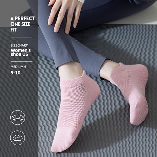 Non-Slip Pilates Grip Socks for Women - 4 Pairs Black/White/Pink/Green