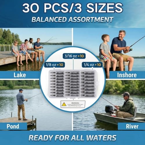 Pencil Fishing Weights with 360° Swivels - 30 Pcs, 3 Sizes