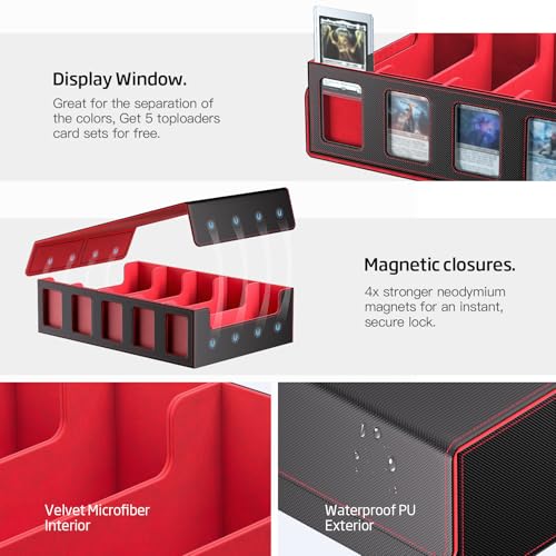 MORCCO Trading Card Storage Box 5-Row Magnetic Lid, 3900+ Capacity (Black Red) - Display Windows