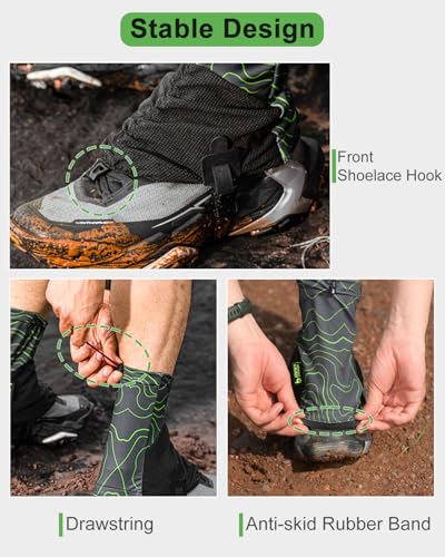 Waterproof Low Ankle Gaiters for Hiking - Line Green, Size 5-11