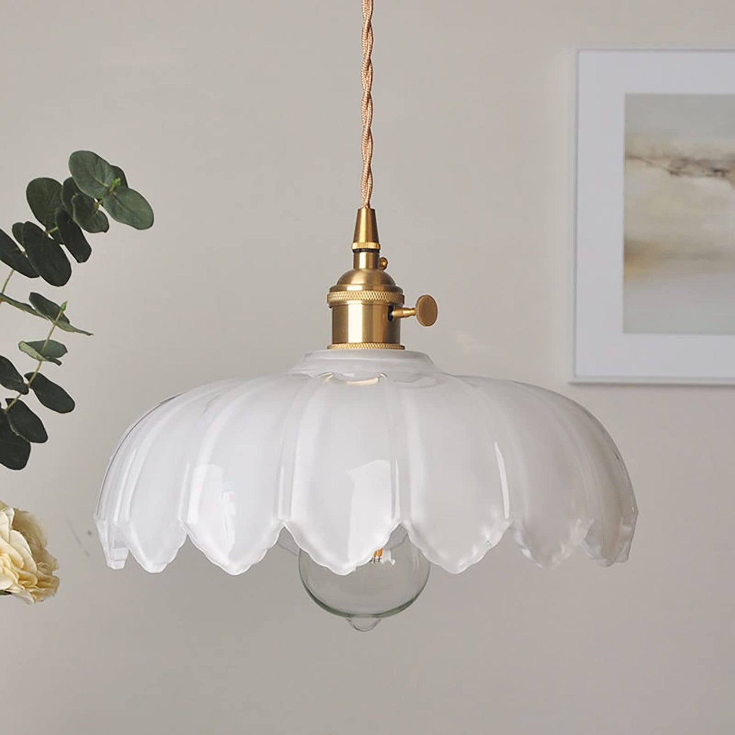 LOTREE Milk White Glass Pendant Light Fixtures Medium 9.8 Inches Lampshade Gold Brass Finish and Switch Vintage Pendant Ceiling Lamp Copper Pendant Lighting (Milk White)