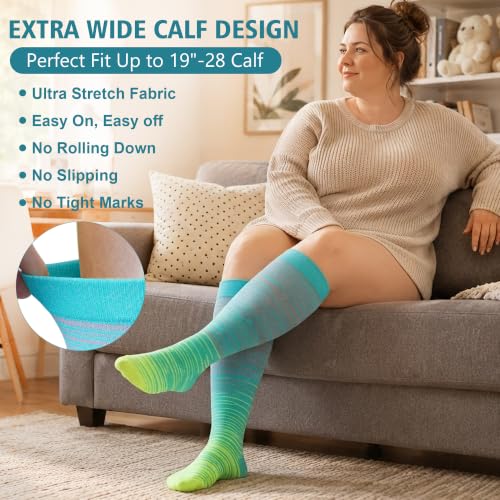 Wide Calf Compression Socks for Women Men 20-30 mmHg - 5X-Large Multicolor